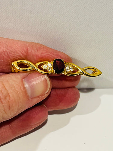 Kira.Gold Twisted Brooch with Red and Clear Rhinestones Bloomers and Frocks